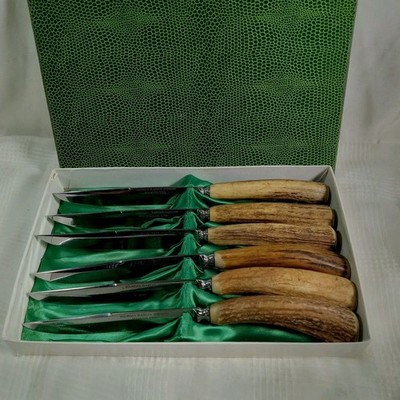 VTG.SOLINGEN BARON GERMANY Steak Knifes (Set of 6 Stag/Antler Handles In Box 9''