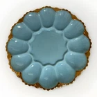 Anchor Hocking Fire King Delphite Blue Glass Egg Plate/ Oyster Plate Gold Trim