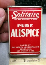 Vintage Solitaire Pure Allspice 2 oz spice tin, partially full, Denver Colorado