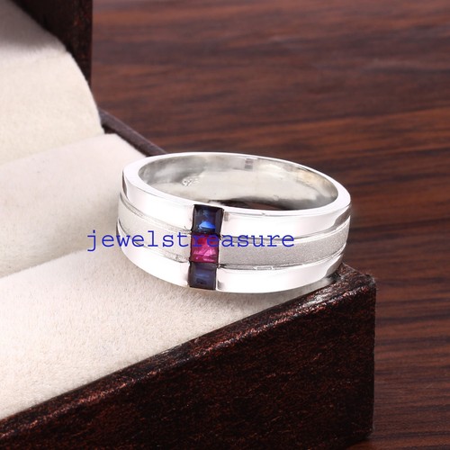 Natural Ruby & Sapphire Gemstones with 925 Sterling Silver Ring For Men's #4390 - Picture 8 of 10