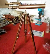 Nautical Antique Brass Telescope Floor Standing With Wooden Tripod Stand gif 18"