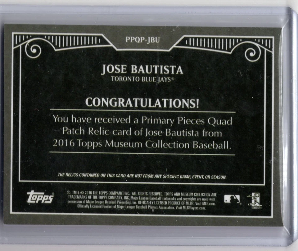 Colección Museo Topps 2016 piezas primarias parche cuádruple José Bautista 5/5 Foto 2 de 2