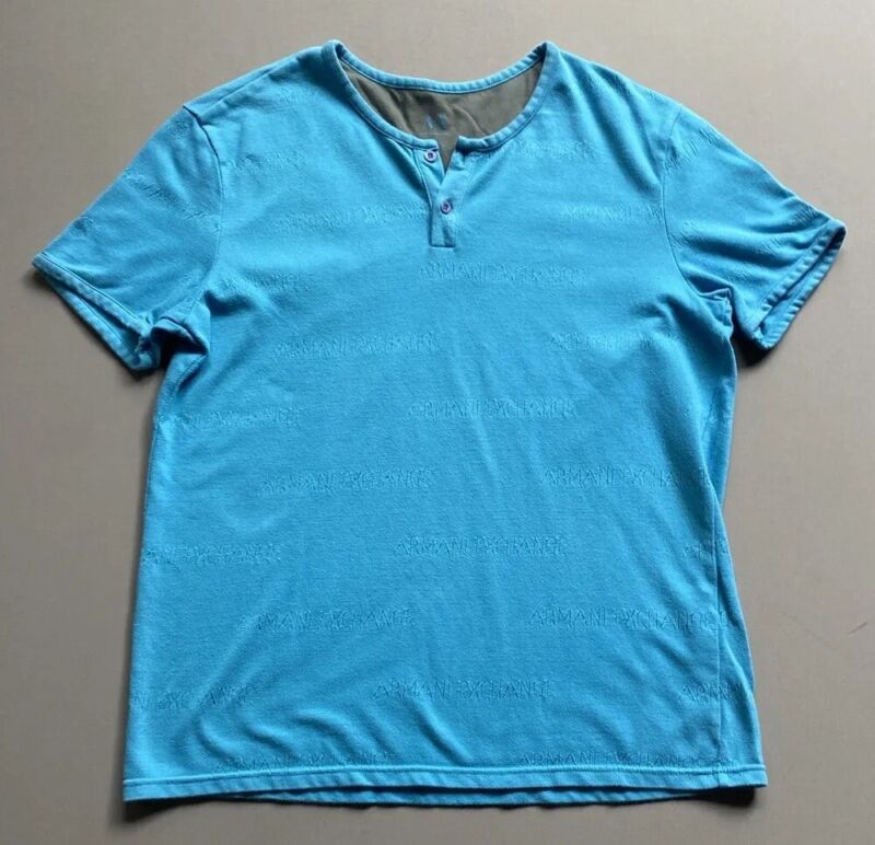 Armani Exchange Men Blue Knit Logo Short Sleeve Button Shirt Sz XL