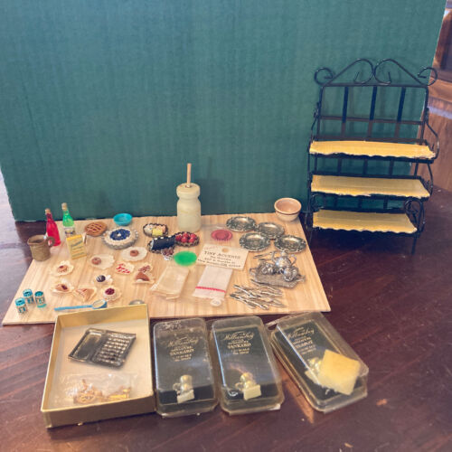 Dollhouse 1:12 food lot, Silver Tea Set, Silver Plates, Bowl, Glasses, Wine
