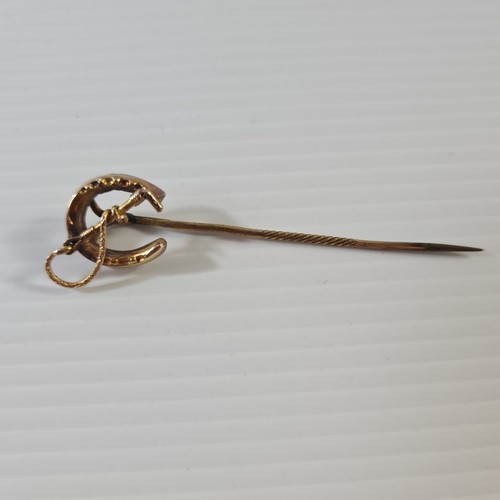 Vintage 9ct Gold HorseShoe & Riding Crop Stickpin c.1910/20 Horse / Hunting - Picture 3 of 9