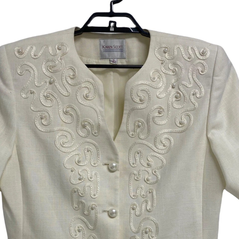 Blazer Formal Mujer Karen Scott Vintage Beige Perlas Bordado Talla 14 Foto 2 de 4