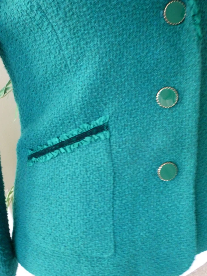 Chaqueta Blazer Joan Rivers Verde Esmeralda Tweed Talla 8 Terciopelo Volantes Borde Foto 4 de 4
