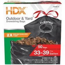 HDX FlexPro Outdoor  Yard Black Drawstring Trash Bags 33-39 Gallon 50 ct