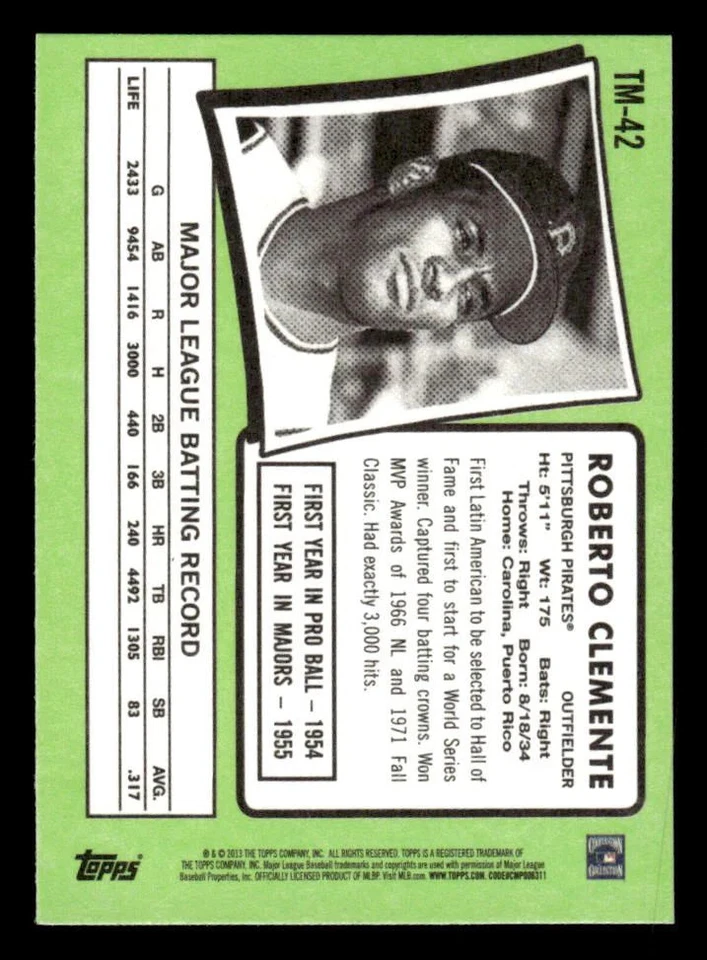 2013 TOPPS UPDATE ROBERTO CLEMENTE TM-42 1971 TOPPS MINIS PITTSBURGH PIRATES - Image 2 of 2