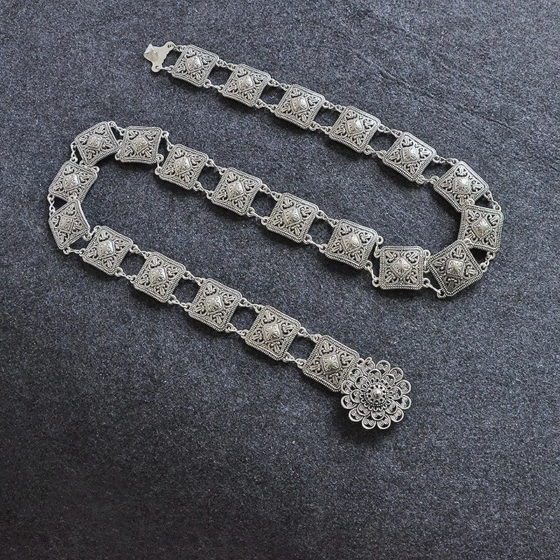 Boho Vintage Silver Filigree Chain Belt Flower Buckle Retro Silver Waist Chain - image 2 of 4