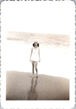 1940s Beach Portrait Woman One Piece Swimsuit Ocean Waves Vintage Snapshot