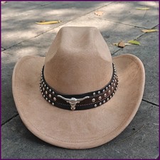 Retro Suede Leather Western Cowboy Fedora Hat for Men Women Bull Head