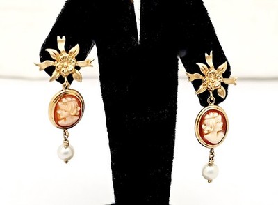 PETER BRAMS 14K GOLD CARVED SHELL PORTRAIT CAMEOS PEARL DROP DANGLE EARRINGS
