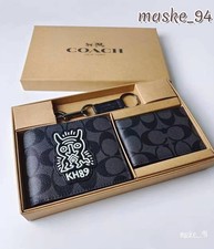 Coach Portafoglio Uomo Bifold Porta Carte Portachiavi Keith Haring Confezione Regalo Set