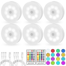 6 Pack 16-Color USB Rechargeable LED Puck Lights with Remote Night Light