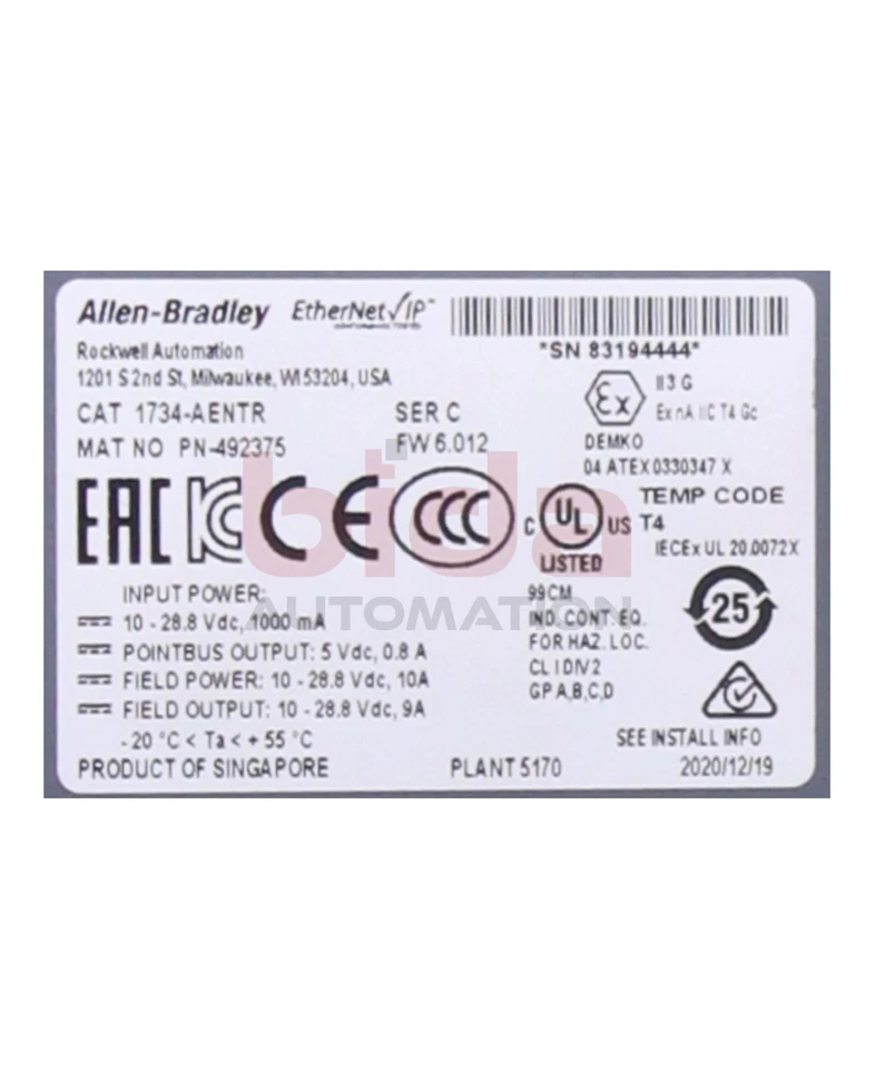 Allen-Bradley 1734-AENTR (492375) Dual Port Network Adapter / POINT I/O Dual Po - Image 2 of 4