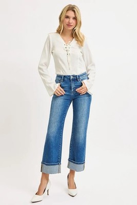 RISEN Mid Rise Crop Straight Cuffed Jeans