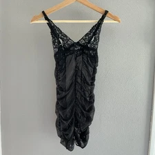 Vintage Shirley of Hollywood Black Lace Sheer Ruched Lingerie Mini Dress Small