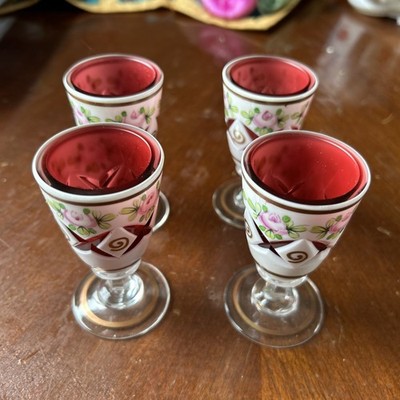 Czech Bohemian  4 Liqueur Glasses VTG Moser White Cased Cut to Ruby Red Floral