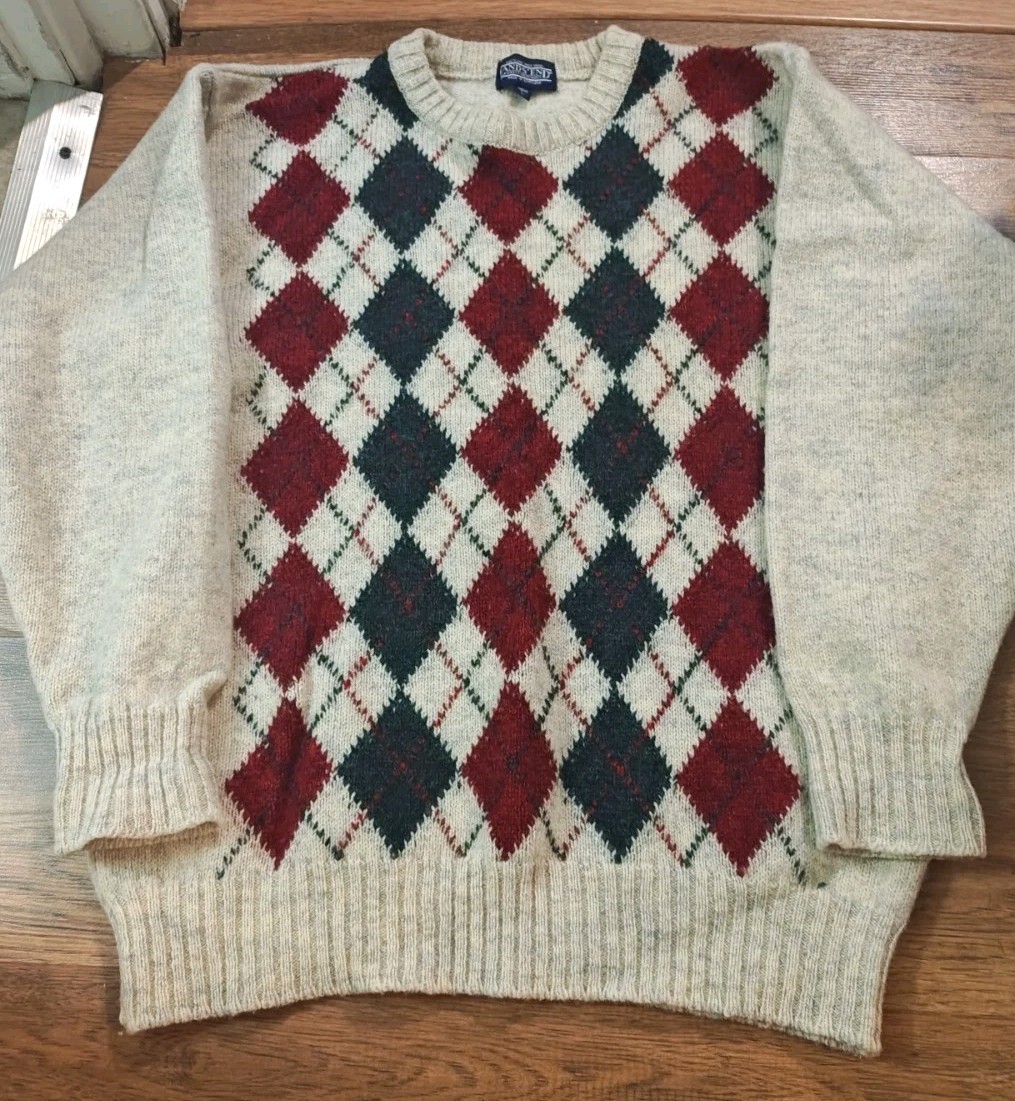 Lands' End, VTG 90s LANDS' END SHETLAND WOOL Sweater Men's Large Argyle Made In Scotland