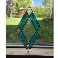 Vintage Green Clear Stained Glass Diamond Suncatcher 12x6 in Decorative Art