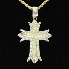 Large Iced CZ Cross Pendant Hip Hop Fashion 14k Gold Plated 24" Rope Chain