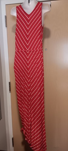 MERONA MAXI DRESS LONG RED WHITE V NECK COTTON BELT WAIST ADJUSTABLE FIT XS - Picture 2 of 6