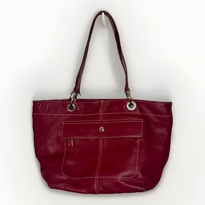 Etienne Aigner Handbag Red/Oxblood Pebbled Leather Shoulder Bag Front Pocket