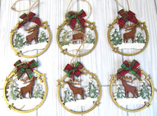 Christmas Ornament Moose Reindeer Rustic Deer Tree Laser Cut Wood Set of 6 S1