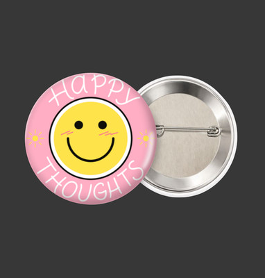 Happy Thoughts Button Pin   Pink & Yellow Smile Face, Positive Gift 2.25'' Round