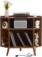 Corner Record Player Stand with Charging Station  USB Ports, 3 Tier Mid Century