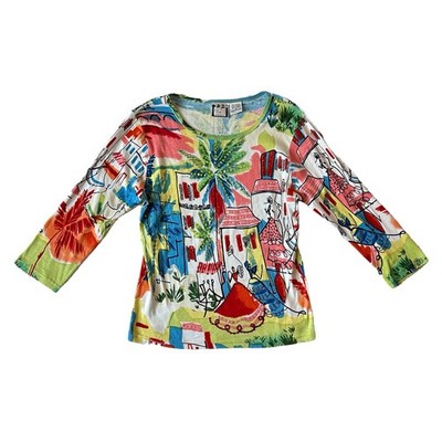 Take Two Clothing Women's Medium Top Boho Tropical Southern Cityscape Print