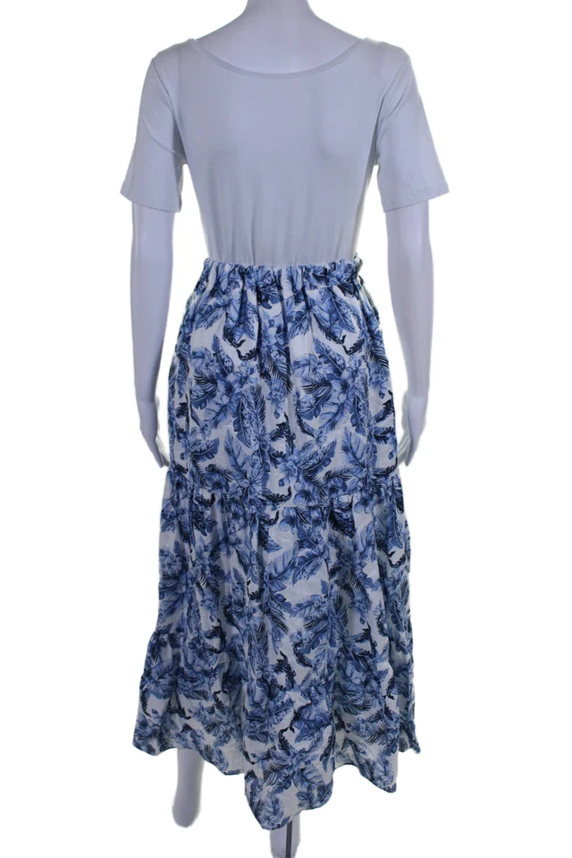 Maxi Falda Cami NYC Mujer Cintura Elástica Floral Lino Blanco Azul Talla 2XS Foto 3 de 4