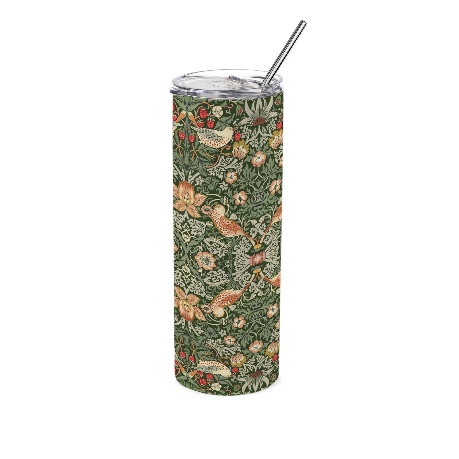 Green Strawberry Thief Travel Flask - William Morris Gifts Cup with Straw