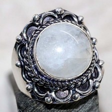 925 Silver Plated Round Rainbow Moonstone Ring US 8 Spiritual Gift JW