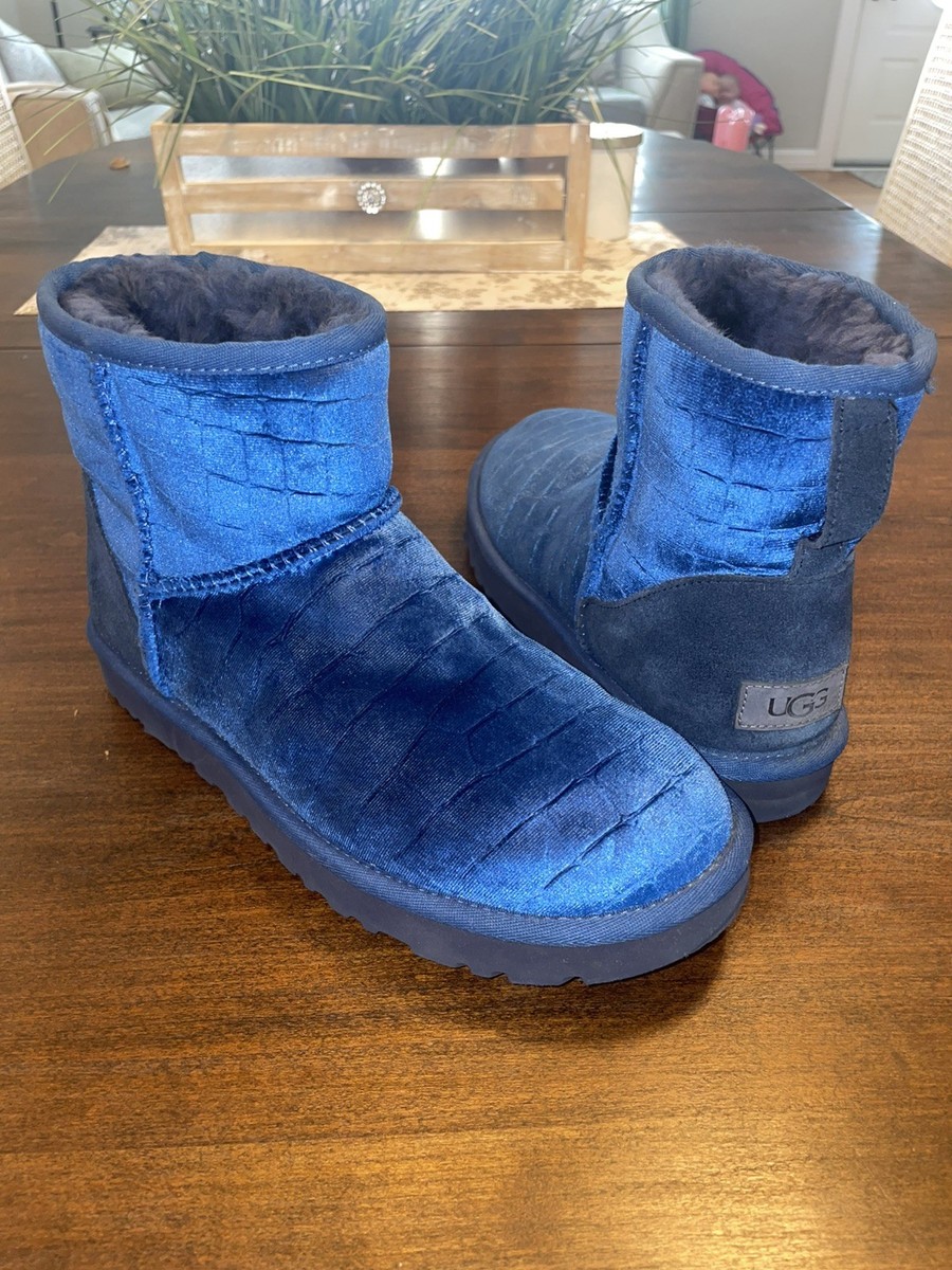 UGG Classic Mini II Croc Velvet Navy Blue Suede Ankle Boots Size