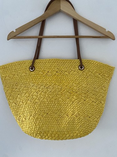 COMMONRY Sunshine Yellow Straw /raffia & Tan Vegan Leather Beach Tote Market Bag - Picture 4 of 9
