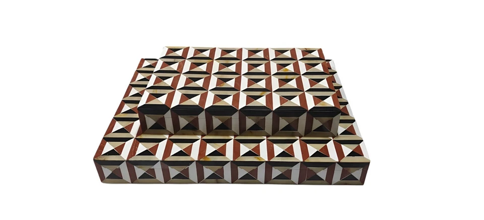 Handmade Geometric cube pattern with earthy tones Set of 2 Storage Box - Image 4 of 4