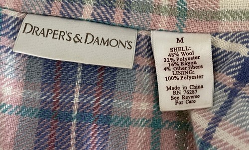 DRAPER’S & DAMON’S Women Plaid Pink/Blue SH Pads Button Wool BlazerJacket-MEDIUM - Picture 3 of 9