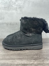 UGG Boots Womens 6 Bailey Bow Mini Glimmer Black Suede Shearling Bootie