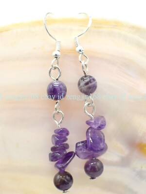 Natural 6/5-8mm Purple Amethyst Irregular Gems Beads 925 Silver Hook Earrings