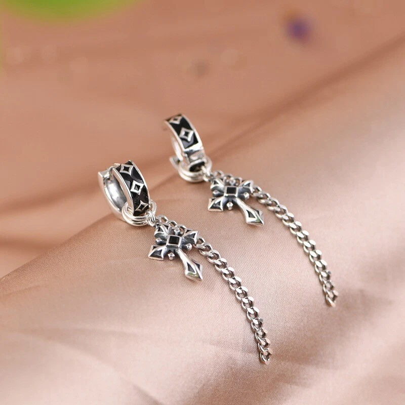 2-in-1 S925 Silver Gothic Cross Cuba Chain Dangle Tassel Earrings Detachable - Image 4 of 4