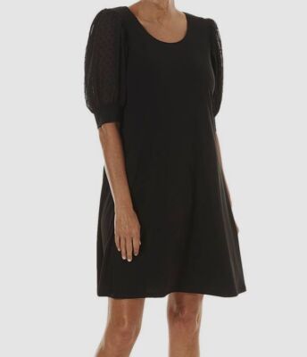 MSK Women Black Elbow Sleeve Clip Dot Band Scoop Neck Shift Dress Sz PXL 