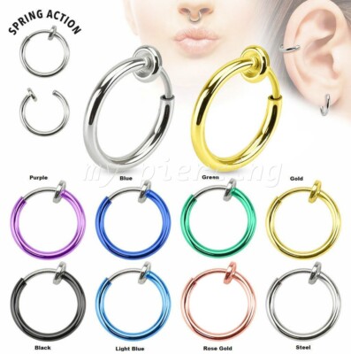 PAIR 14G Surgical Steel Non-Piercing Fake Clip-On Hoop Nose Septum Ring Earrings