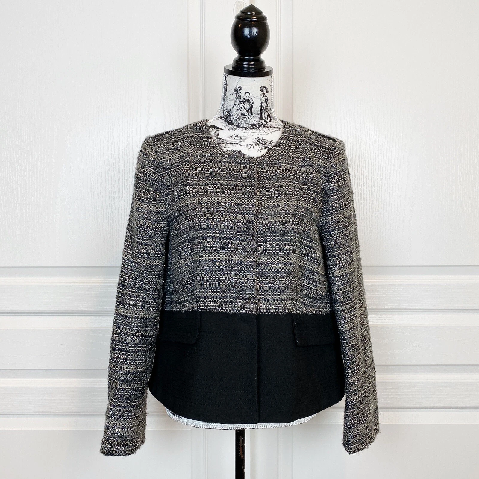 Giacca blazer Tory Burch Jane tweed boucle grigio taglia 12 $695