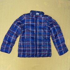 Patagonia Girls Down Puffer Plaid Blue Pink Jacket Size Medium 10 Goose Down
