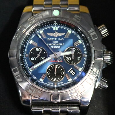 Breitling Chronomat 44 B01 Blue Chronograph Watch AB0110 Black Eye Dial + Box