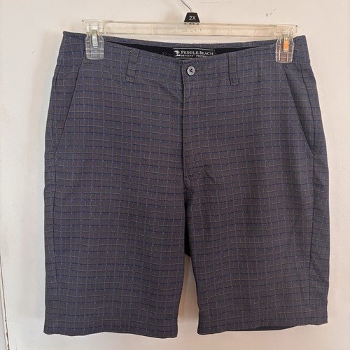 Pebble Beach • Pantalones cortos de golf de rendimiento para hombre • Gris/azul a cuadros talla 32