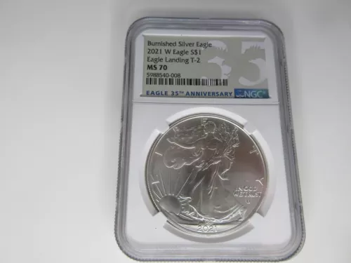 Burnished Silver Eagle 2021 W Eagle S$1 Eagle Landing T-2 MS 70 NGC Eagle 35th A