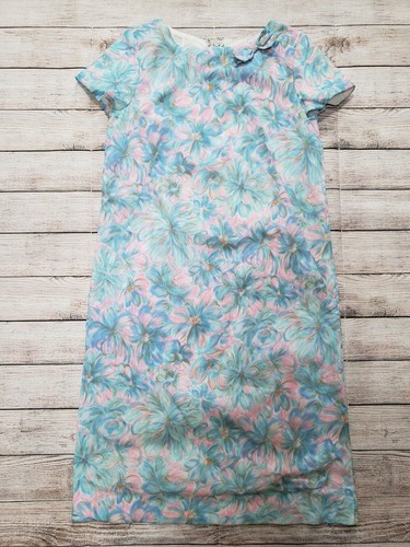 Vintage 60s 70s Floral Bow Accent Pink Blue Short Sleeve Pastel Shift Dress SM - Picture 4 of 6